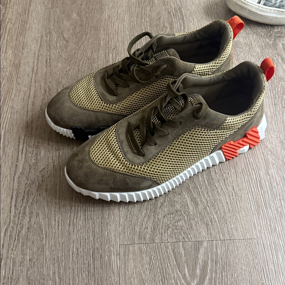 Hermes Khaki and Tangerine Sneakers